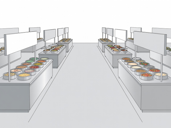 Illustration of spaced buffet spread with clean signage and wide walking lane