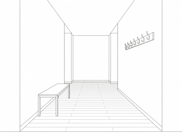 Diagram of clear domestic hallway with dedicated bench and coat rack